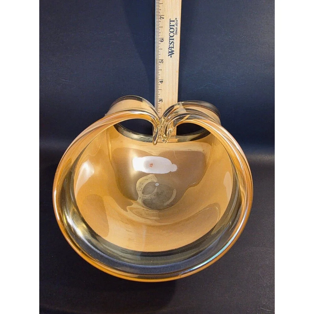Vintage Amber Art Glass Bowl Folded Rim Heavy Glass Centerpiece MCM Style